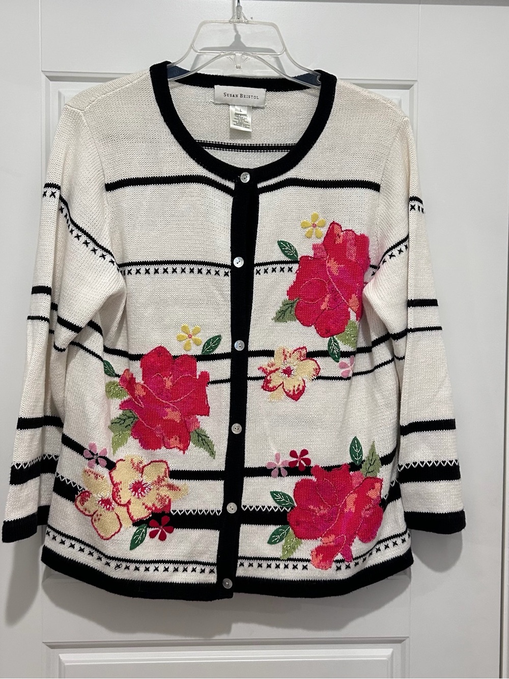 Susan Bristol White Ramie/Cotton Cardigan with Pink Floral Embroidery
